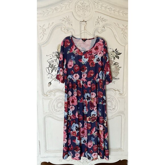 Floryday Dress Women's L Red Blue Floral Midi Pullover Relaxed 3/4 Sleeves - Picture 2 of 8